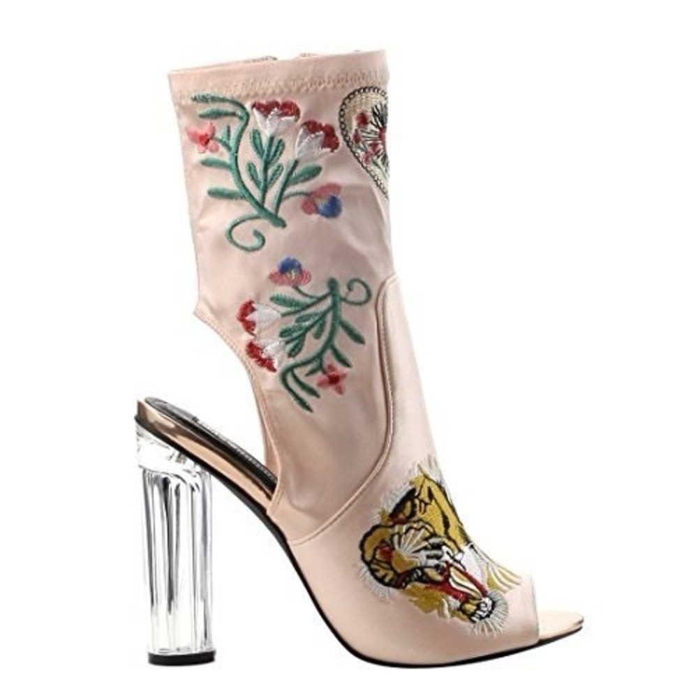 Cape Robbin Connie 45 Embroidered Heeled Booties Rose Gold Lucite Peep Toe Sz 8